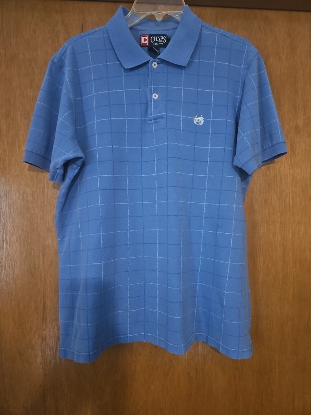 Chaps Polo Mens Sz Med Blue White Navy Large Thin Plaid 100% Cotton